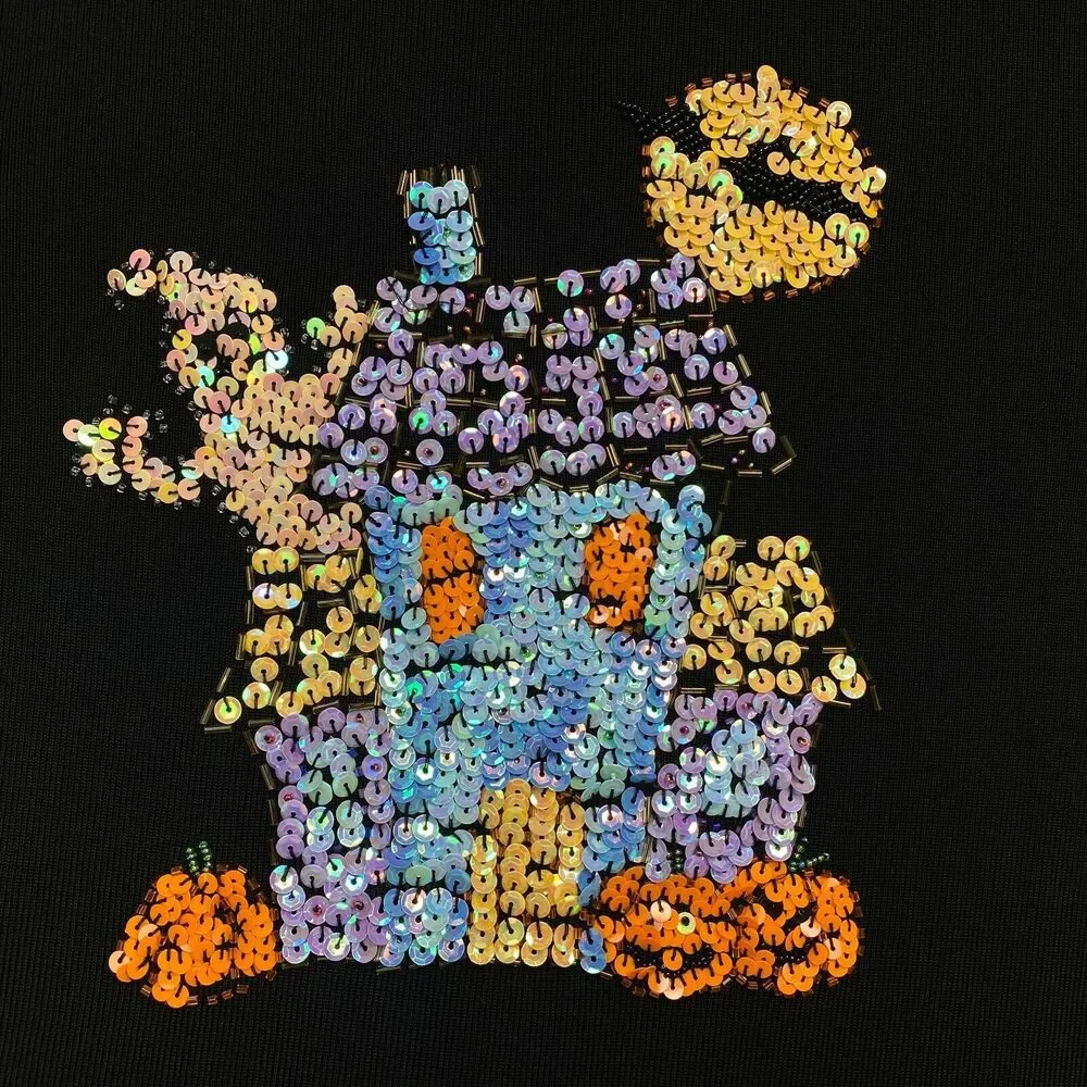 Halloween Sweater Womens Large Sweaterworks Sequin Haunted House Black Knit Top - Picture 2 of 10